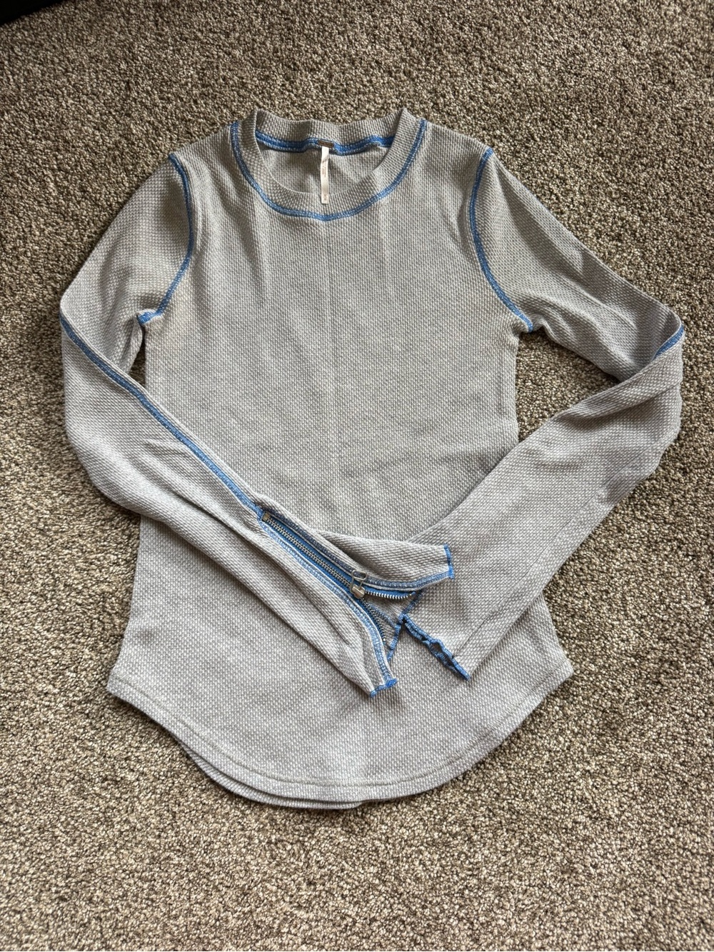 Free People Zip It Cuff Thermal Top Gray Blue Contrast Stitching Medium